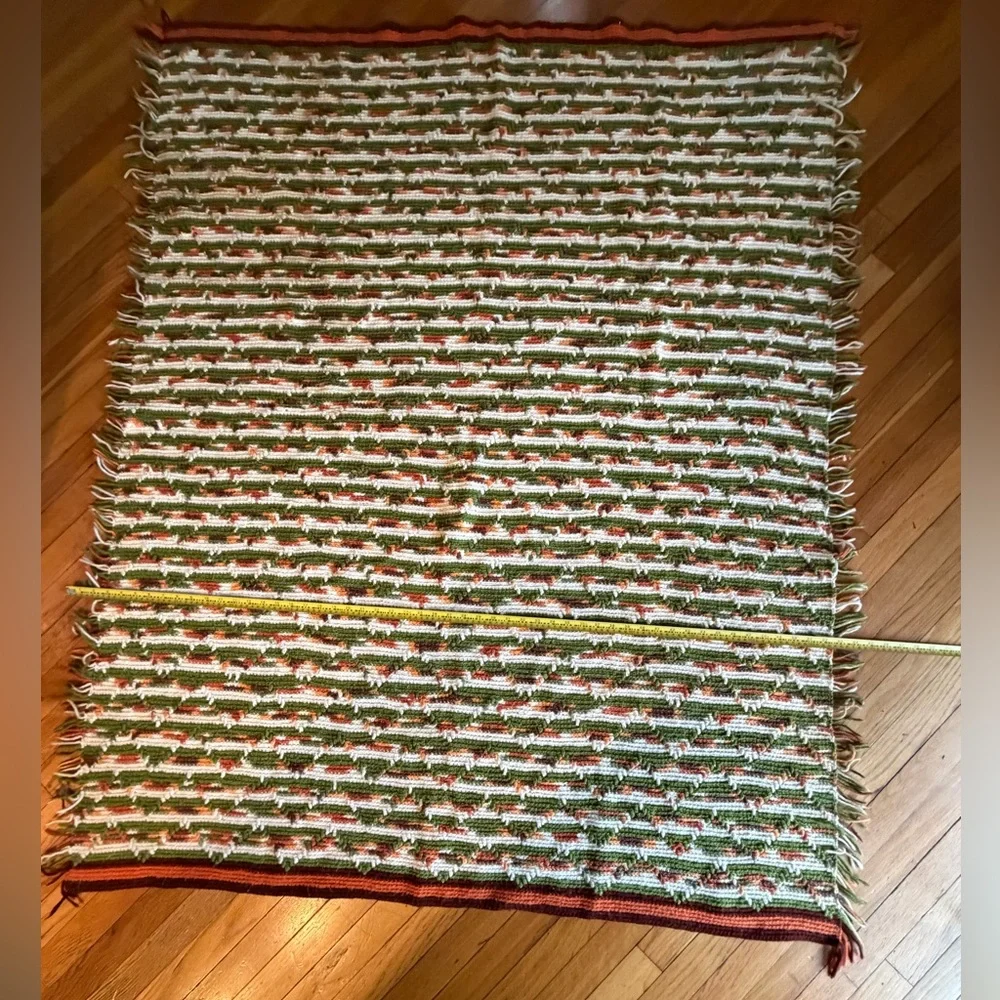 Handmade Cozy Striped Crochet Throw Blanket Green Orange &White 64” x 54” MCM